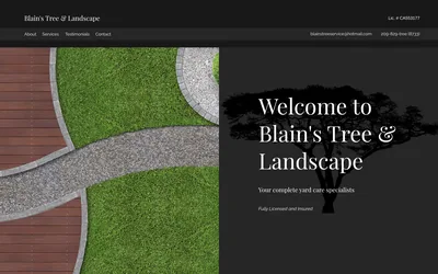 Blain’s Tree & Landscape home page: "Welcome to Blain’s Tree & Landscape, your complete yard care specialists" beside an aerial view of a lawn and path