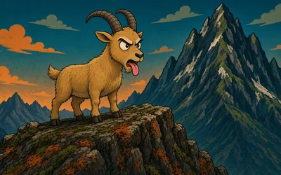 The Goated App: a cartoon goat with its tongue out on a rocky mountain peak at dusk